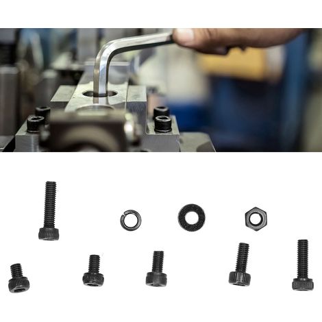 300 vis à tête cylindrique creuse noires, écrous M3, rondelles plates et vis élastiques, conditionnées en boîte. (1/5)