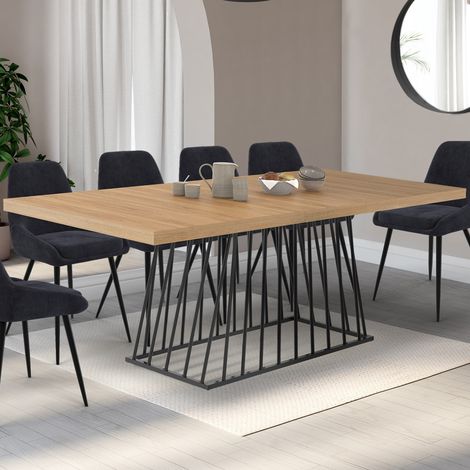 YUNA Mesa de comedor rectangular extensible para 6-10 personas con tablero de madera y pata de alambre de metal negro 160 - 200