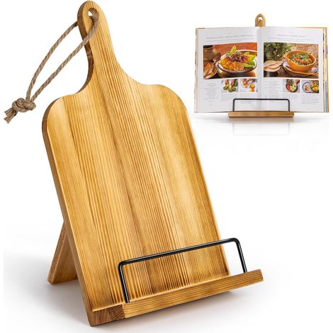 Soporte de madera para libros de cocina – recetas ajustables – estante – decoración rústica – marrón (1/4)