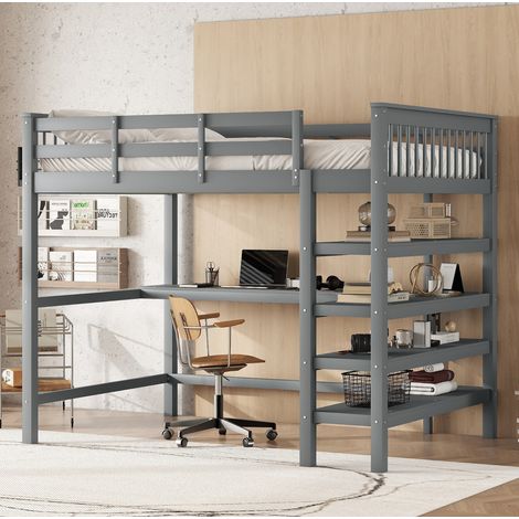 Cama alta infantil 140x200 cm gris de pino y MDF con escritorio y estanterías (1/5)