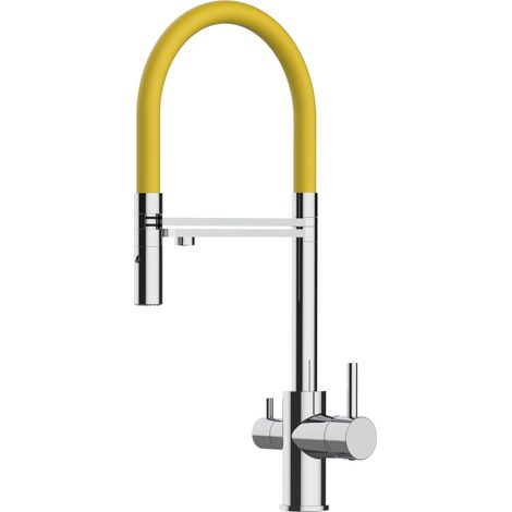 Rubinetto 3 vie miscelatore cucina cromato con canale separato per acqua filtrata, canna gialla movibile e doccia due getti staccabile (1/5)