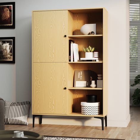SONNI Vitrinen und Vitrinenschranke 2 Tür 8 Fächer 100x35x160cm für Wohnzimmer Schlafzimmer Esszimmer Büro Holzfarbe (1/5)