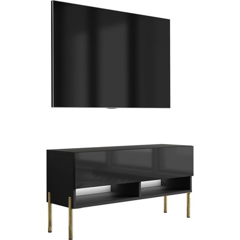 Meuble TV : Noir Mat / Noir Brillant, pieds droits dorés, LED blanche, 100 × 32 × 52 cm (1/5)