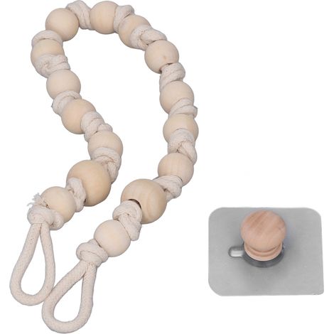 Embrasses de rideaux de style bohème, nœuds en corde de bois résistants, crochets de rideaux/porte-serviettes polyvalents, corde en coton beige de 55 cm avec perles en bois. (1/5)