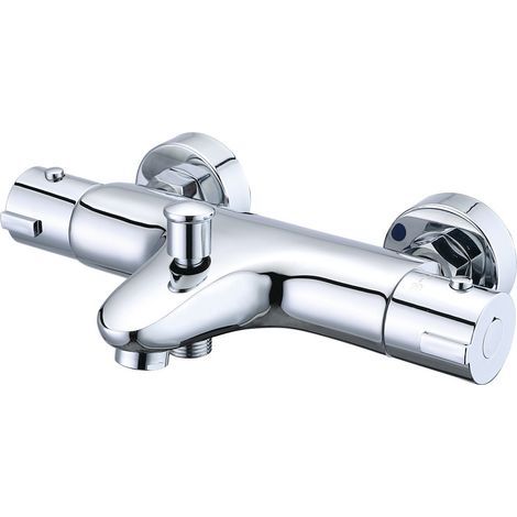 Thermostat-Badewannenarmatur mit 38°C-Sicherheitsknopf, Thermostat-Badewannen- und Duscharmatur aus Messing, Thermostat-Badewannenarmatur mit 2 Wasserauslässen, modernes Chrom (1/5)