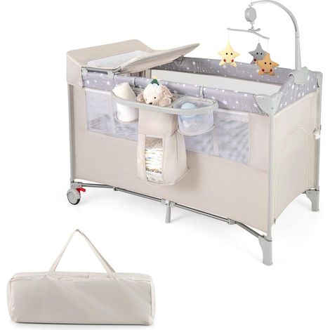 COSTWAY 4 in 1 Lettino per Bambini con Materasso, Lettino Culla da Viaggio per Neonati, Culla Neonato con Fasciatoio, Box Portatile Pieghevole, con Ruote e Borsa, 125 x 65 x 119 cm (Beige)