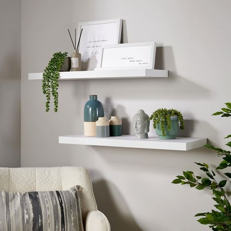 Pair Floating Wall Mounted Storage Shelf Wooden 80cm DVD Bookshelves Matt White (1/5)
