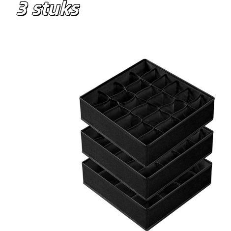 Ensemble de 3 boîtes de rangement pliables noires avec 24 compartiments chacune organisateurs pour chaussettes sous vêtements et cravates penderie et dressing (1/5)