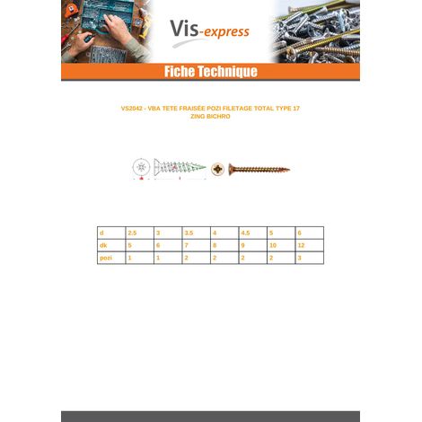 Vis bois TEKOR Tête fraisée Pozi N°2 4X35 Filetage total Pointe antifendage type 17 Bichromaté - 1 pièce