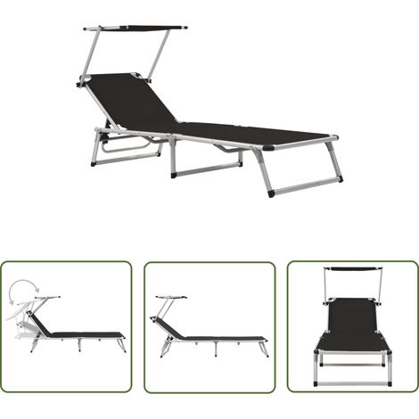 The Living Store Chaise longue pliable avec toit Aluminium et textilène Noir - Chaises Longues - Transats - Mobilier De Jardin - Chaises Pliables - Relaxations (1/5)