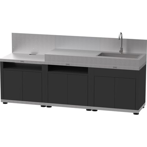 Le Marquier – Cuisine complète 3 éléments avec crédences inox H40,6 cm – Bi-matière inox satiné et acier époxy noir – Dimensions 240 x 56 x 128 cm (1/5)