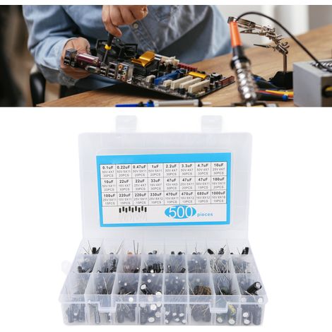 Kit d'échantillons de 500 condensateurs électrolytiques traversants, 0,1 µF à 1 000 µF, 16 V à 50 V, 24 spécifications (1/5)