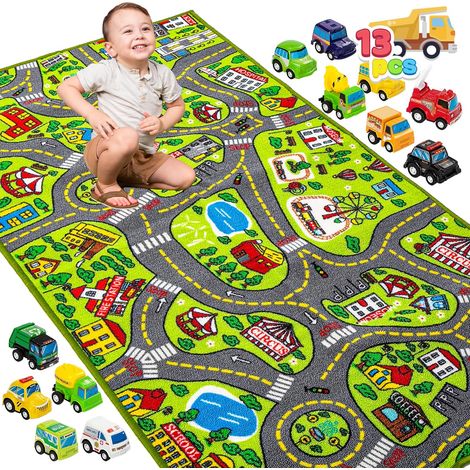 Tapis de Chambre d'enfant, 80 x 150 cm, avec 12 Mini Jouets de Voiture, pour Enfants à partir, Tapis de Jeu, Rue, Tapis de Voiture, pour garçon et Fille, pour Chambre à Coucher et Salle (1/5)