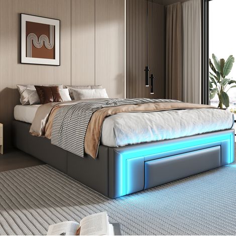 Cama 90x200 cm gris en polipiel, con cajones, LED y estructura metálica (1/5)