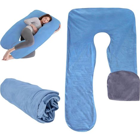 Housse de coussin grossesse forme U - 1 pièce - Velours de cristal - Lavable en machine - Soutien corps et ventre - 140 x 80 cm bleu gris (1/5)