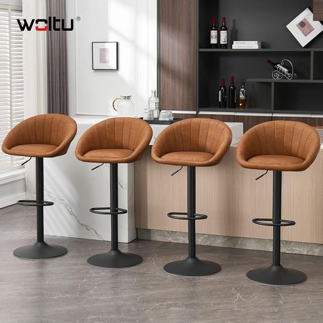 WOLTU Juego de 4 taburetes de bar vintage de PU, sillas de bar ajustables y giratorias, color marrón