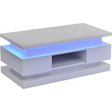Table de salon mesurable de 100×50×40 cm, avec 2 tiroirs. Tablette d’appoint en métal laqué, équipée de LED. Table pour le café. Table pour le salon, dotée d’un espace de rangement caché. Couleur blan (1/5)