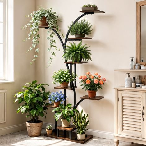 9 Tiered Tall Plant Stand Indoor Corner Plant Shelf Tree-Shaped Flower Display Rack, without Lights (1/5)