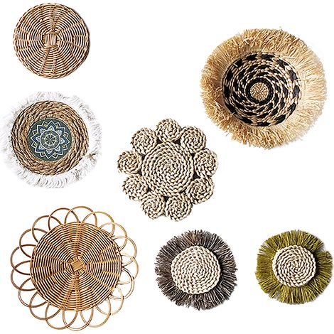 [JUEGO DE PANELES DE PARED BOHEMIOS] Decoración de pared estilo mimbre – Juego de 7 piezas – Decoración de pared tejida a mano con fibra vegetal natural para sala de estar y recibidor