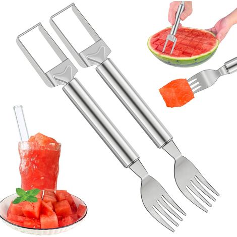 Affettatrice e forchetta 2 in 1 per anguria – Confezione da 2 utensili da taglio per frutta in acciaio inossidabile per anguria, mango, frutto del drago – Portatile, ideale per campeggio, picnic, fami
