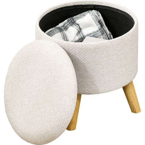 Runder Aufbewahrungshocker mit Fußstütze, moderner Designhocker aus cremefarbenem Holz, integriertes Staufach