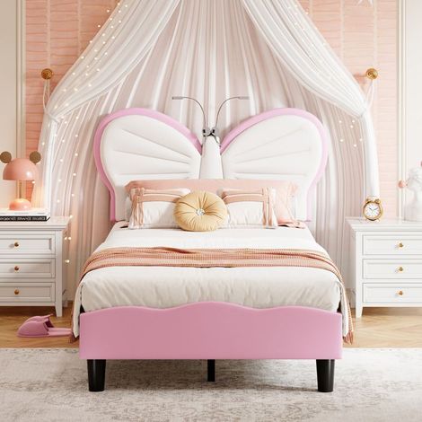 Cama infantil - Mariposa luminosa - Cabeza acolchada de terciopelo - LED de lectura integrado - Altura ajustable