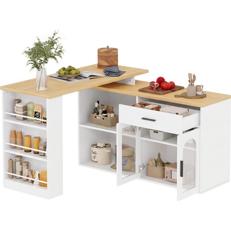 Îlot de cuisine avec table pivotante à 360°, meuble blanc en MDF avec tiroir, étagères réglables et plateau aspect chêne, 136 cm (1/5)