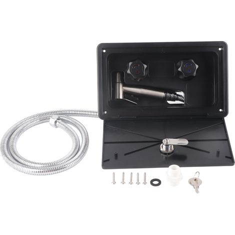 Kit de douche extérieure 1.5m tuyau métallique, boîtier de lavage extérieur noir avec tubes en métal pour camping-car caravane bateau yacht (1/5)