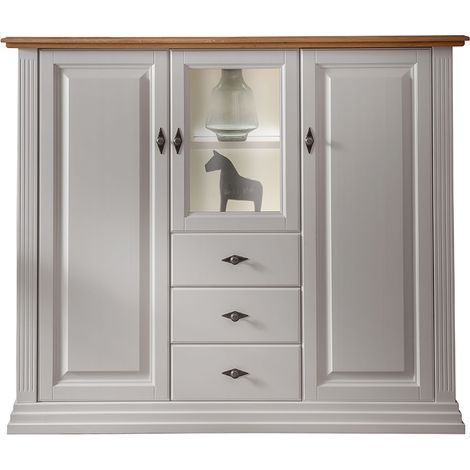 Highboard inkl. Beleuchtung, Kiefer weiß mit Eiche, ESBJERG-69 (1/4)