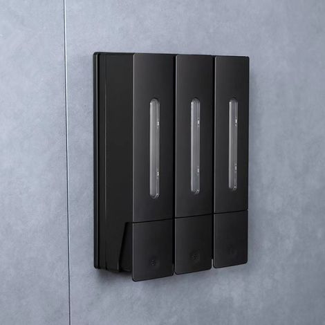 Dispenser di sapone per doccia 3 x 400 ml per shampoo e balsamo 3 camere montaggio a parete senza foratura per bagno cucina (nero) (1/4)