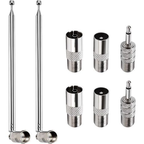 Zwei 75 cm lange, 7-teilige Teleskopantennen für DAB-Radios, FM-Antennen, Zimmerantennen, 75 Ohm, F-Stecker mit 6 Adaptern (1/5)