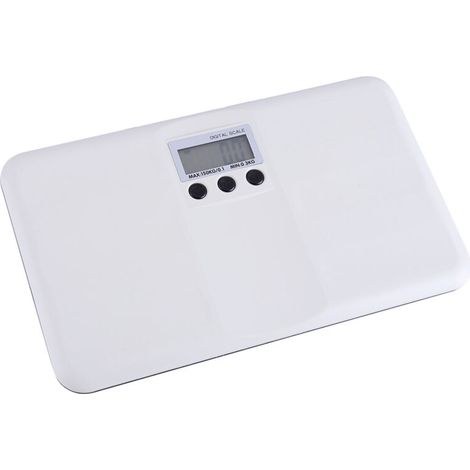 Balanza digital para bebés, mascotas y equipaje – 26,5 x 16 cm, blanca, con conversión de unidades y alerta de batería baja.