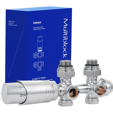 1 Kit Multibloc Universel Chrome, Raccordement Central 50mm, Vannes Thermostatiques Pour Radiateur Chauffage Salle De Bain (1/5)