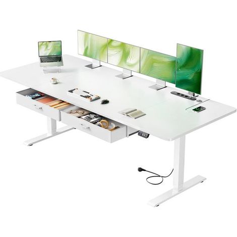 EcoFurnix Escritorio Eléctrico de Pie y Sentado, 200 x 80 cm, con Toma de Corriente Integrada, 2 Cajones Extraíbles, Puerto USB-C, Blanco (1/5)