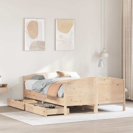 Cadre de Lit Pin Massif 140x200 cm avec Sommier à Lattes, Tête de Lit et 2 Tiroirs de Rangement (1/4)