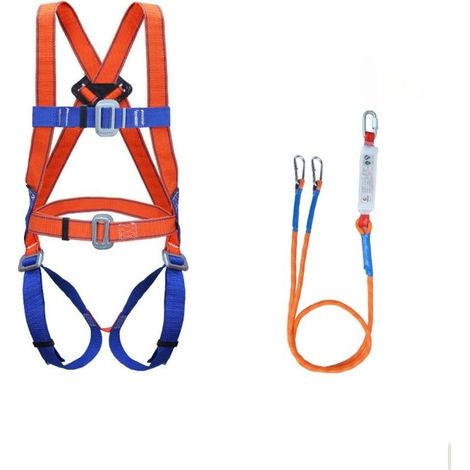 Harnais de sécurité antichute, kit cinq points, corde de sécurité 2 m, deux crochets, amortissement intégré, protège taille et hanches, pour travaux en hauteur et alpinisme (1/5)