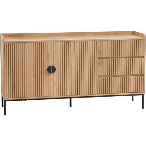 Oviala – Buffet 2 portes 3 tiroirs en MDF décor mélaminé beige – Pieds en acier – Dimensions 150x40x80 cm – Rangement spacieux et élégant (1/5)