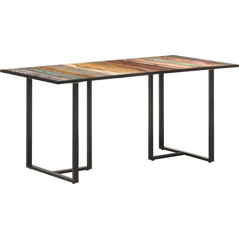 Table à manger industrielle 160 cm en bois de récupération massif, pieds en fer, finition mixte - PANGIVO (1/5)
