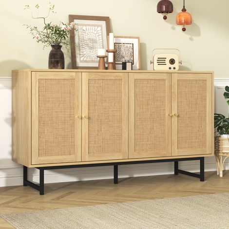 Sideboard en panneaux de particules coloris bois 140x39,5x80 cm, 4 portes en rotin naturel, étagères réglables (1/5)