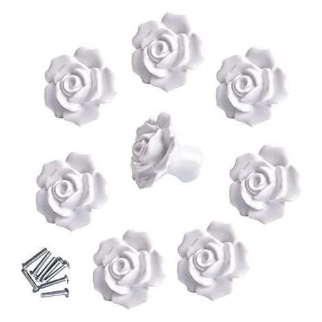 8pcs Elegant White Rose Pulls Flower Ceramic Furniture Knobs Cupboard Drawer Handles