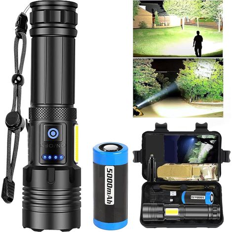 Lampe Torche LED Ultra Puissante, 100000Lumens Lampe Lorche Led Rechargeable, Super Lumineuse, Zoomable, Longue Durée, Étanche à l'Eau et 7 Modes de Fonctionnement pour les(Avec batterie)