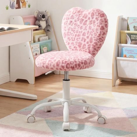Wahson Kids Desk Chair in Soft Faux Fur Swivel Reading Chair with Love-like Backrest Height Adjustable for Children Study, Pink Leopard
