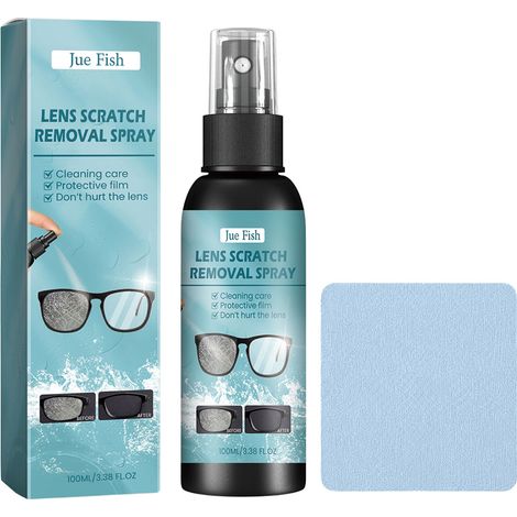 Spray réparateur de rayures pour verres JUE FISH : rénove les verres rayés, les verres ternis, les écrans de lunettes de soleil et répare l’abrasion du verre. 100 ml. Comprend 1 chiffon pour lunettes. (1/5)