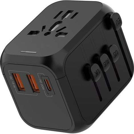 Universal travel adapter with PD20W, 2 USB ports, 1 USB-C port and 1 power outlet, international plug adapter for Germany, USA, Great Britain, … (1/5)