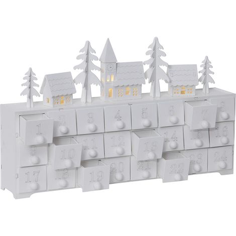 LED Adventskalender ,Yuletide' aus Holz, weiß, 24 Schubladen + Wintermotive, 4 LEDs, Batteriebetrieb, B 37,5cm (1/4)