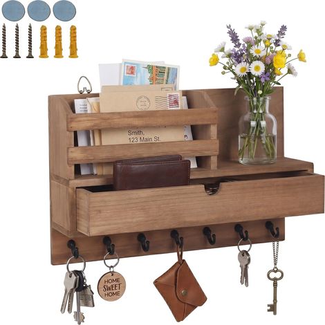 Relaxdays Key Rack with Drawer & Shelf, Wall-mounted Organiser, 7 Hooks, HxWxD: 22x34x10 cm, Wood, Brown
