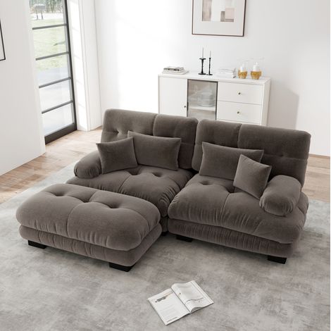 Divano modulare angolare marrone in chenille con cuscini lombari e pouf, seduta cloud e braccioli imbottiti (1/5)