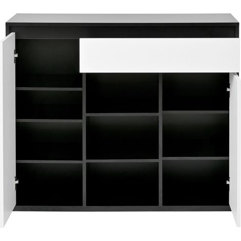 Zapatero moderno con 2 puertas y cajón, LED, negro y blanco, 105 x 39,5 x 86 cm (1/5)