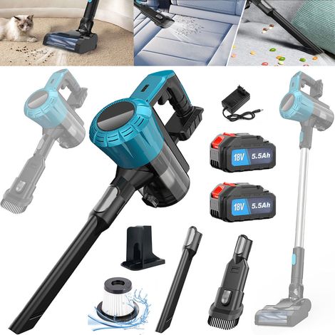 Aspirapolvere verticale, aspirapolvere elettrico portatile 3in1 senza fili, per pavimenti in legno, tappeti, peli di animali, auto, 2batterie da 5,5 A + caricabatterie, compatibile con batteria Makita