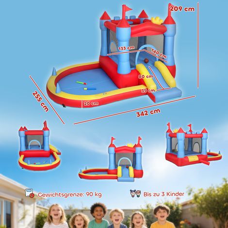 Château gonflable avec souffleur, toboggan, trampoline, pataugeoire/piscine à balles, pistolet à eau, 342 x 255 x 209 cm, bleu (1/5)